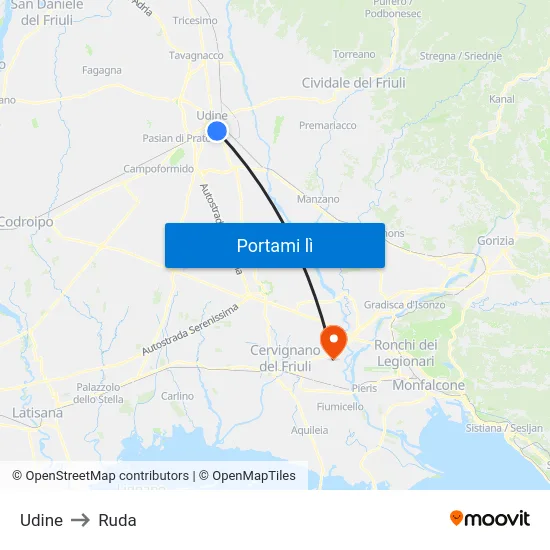 Udine to Ruda map