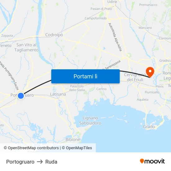 Portogruaro to Ruda map