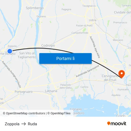 Zoppola to Ruda map