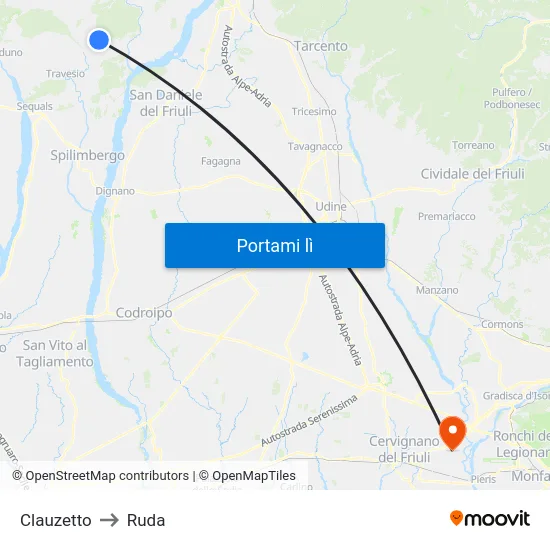 Clauzetto to Ruda map