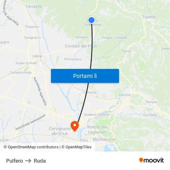 Pulfero to Ruda map