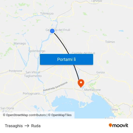 Trasaghis to Ruda map