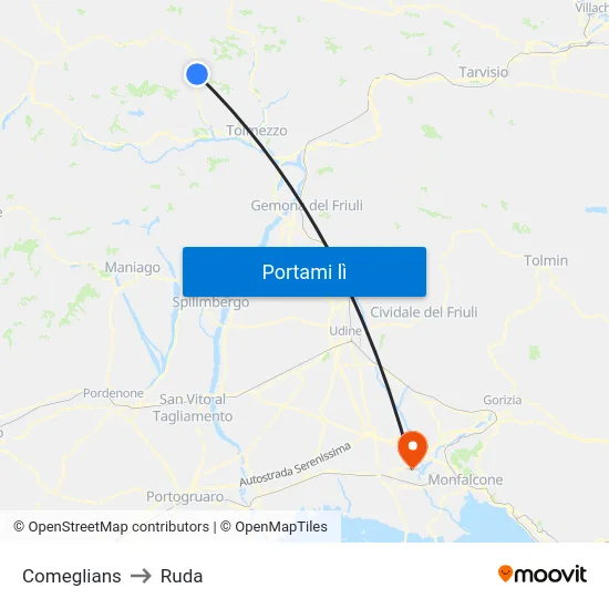 Comeglians to Ruda map