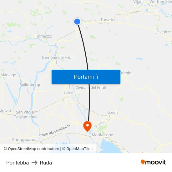 Pontebba to Ruda map