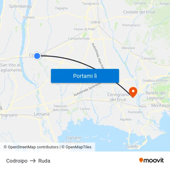 Codroipo to Ruda map