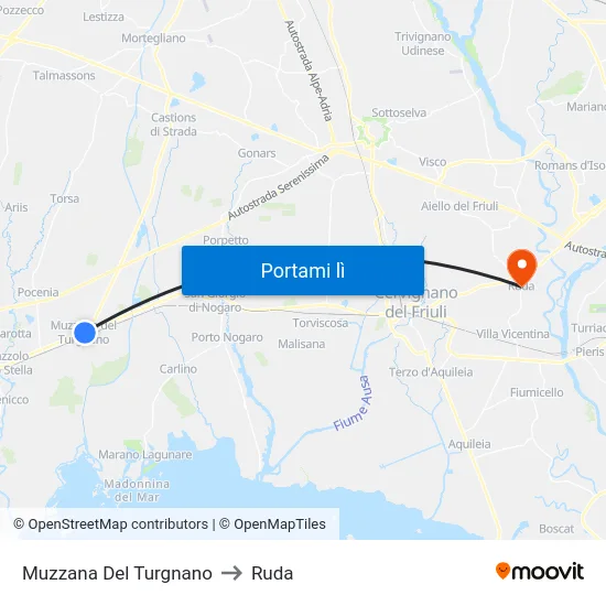 Muzzana Del Turgnano to Ruda map