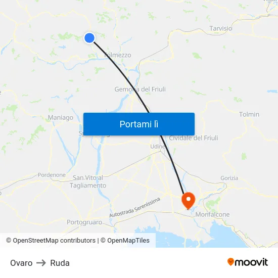 Ovaro to Ruda map