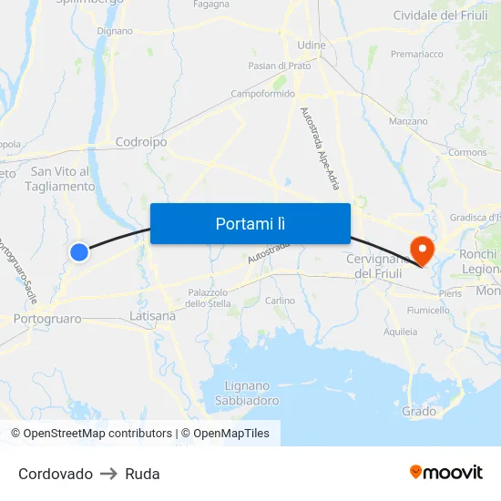 Cordovado to Ruda map