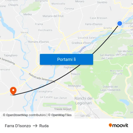 Farra D'Isonzo to Ruda map