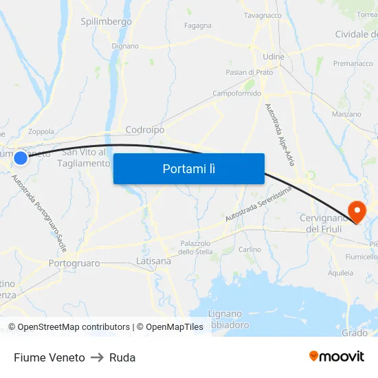 Fiume Veneto to Ruda map
