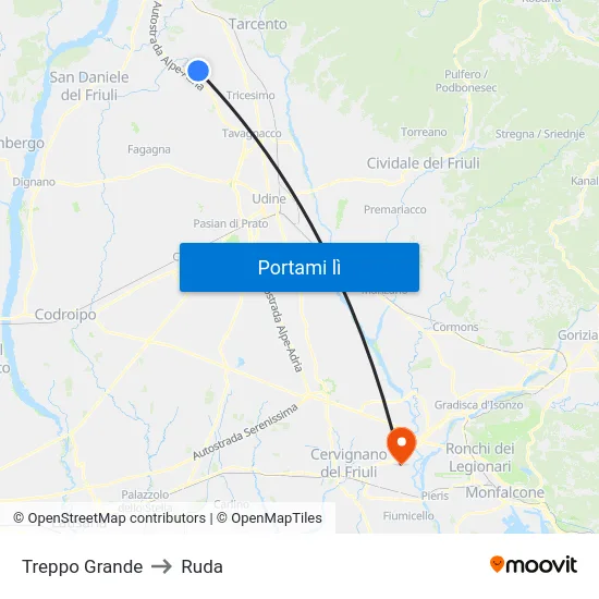 Treppo Grande to Ruda map