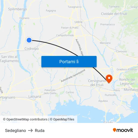 Sedegliano to Ruda map