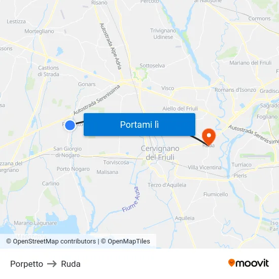 Porpetto to Ruda map
