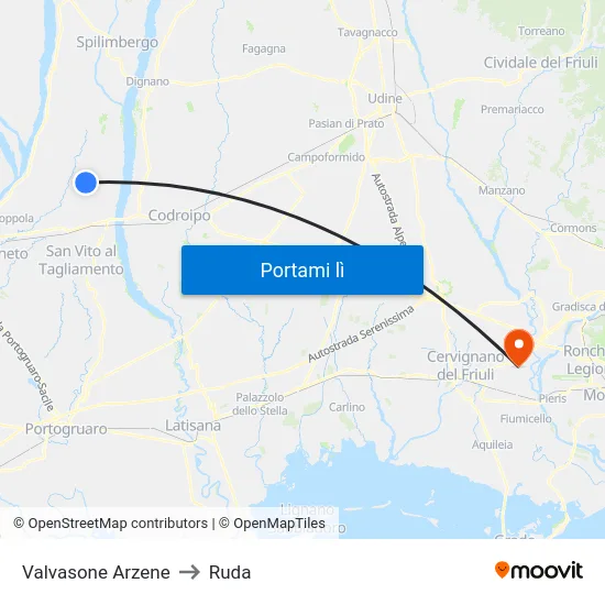 Valvasone Arzene to Ruda map