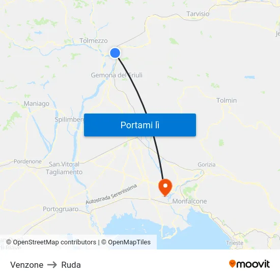 Venzone to Ruda map