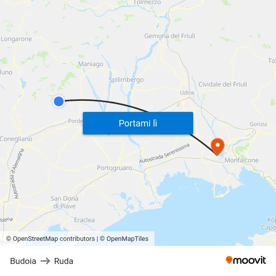 Budoia to Ruda map