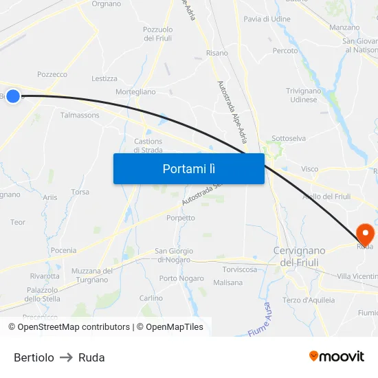Bertiolo to Ruda map