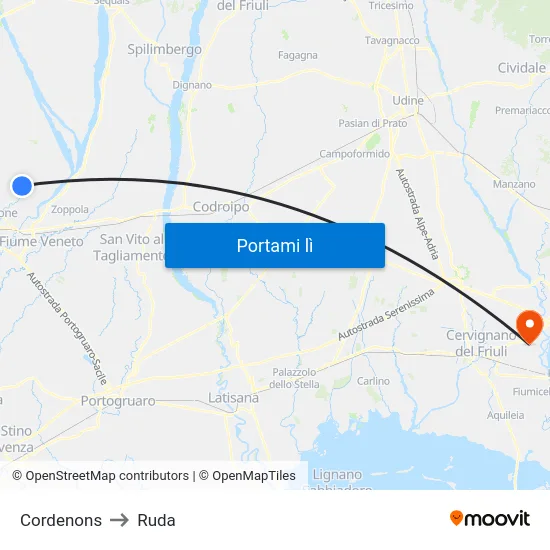 Cordenons to Ruda map