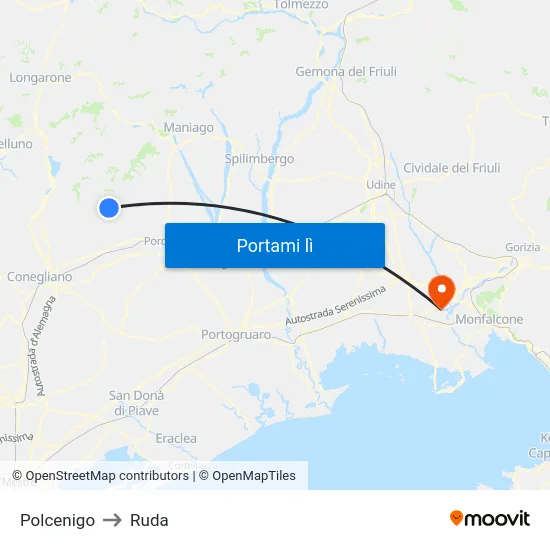 Polcenigo to Ruda map