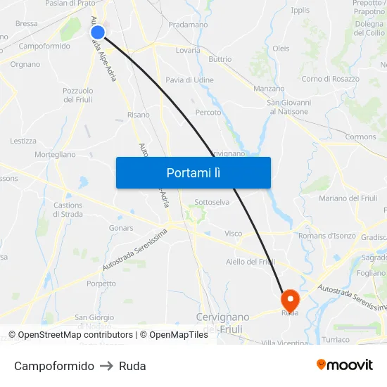 Campoformido to Ruda map