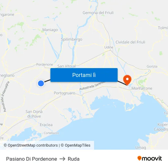 Pasiano Di Pordenone to Ruda map