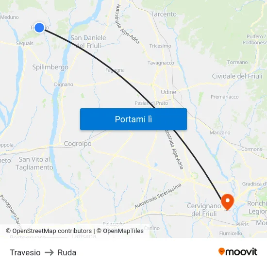 Travesio to Ruda map