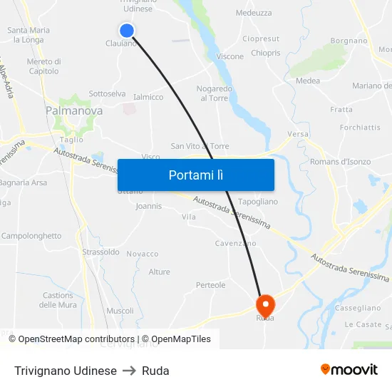 Trivignano Udinese to Ruda map