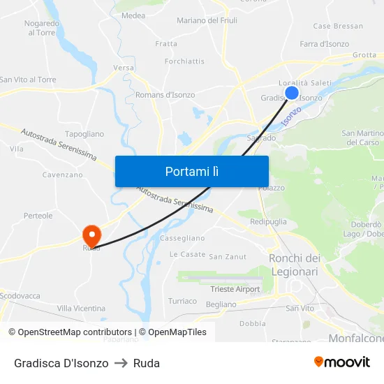 Gradisca D'Isonzo to Ruda map