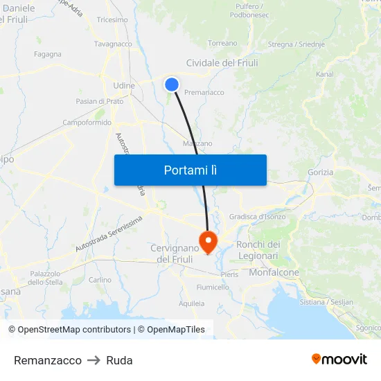 Remanzacco to Ruda map