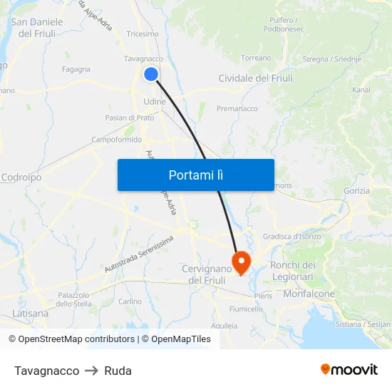 Tavagnacco to Ruda map