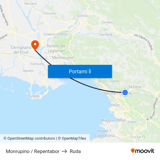 Monrupino / Repentabor to Ruda map