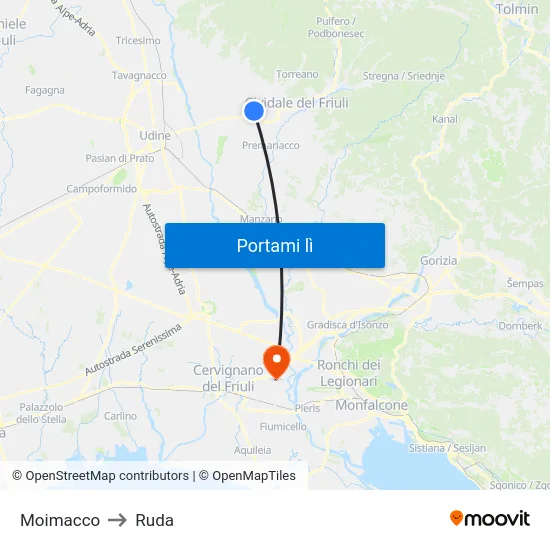 Moimacco to Ruda map