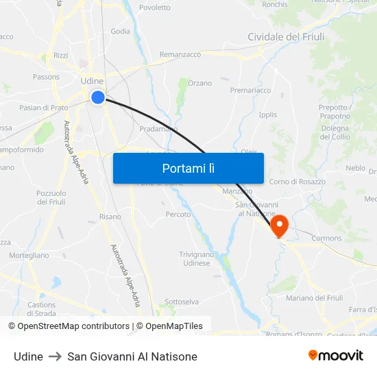 Udine to San Giovanni Al Natisone map