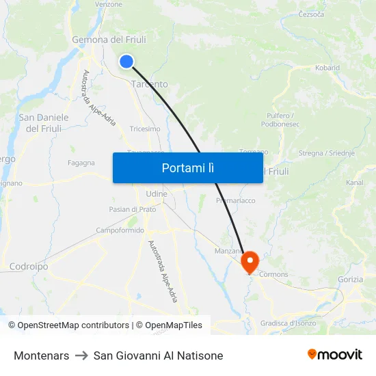 Montenars to San Giovanni Al Natisone map