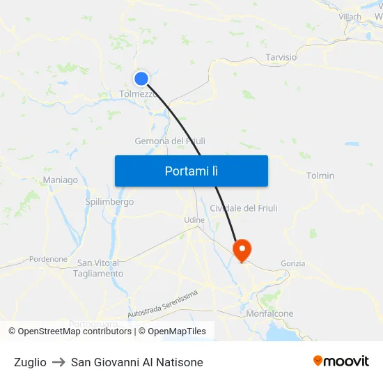 Zuglio to San Giovanni Al Natisone map