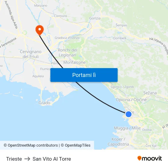 Trieste to San Vito Al Torre map