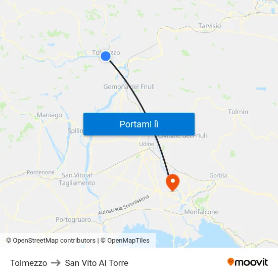 Tolmezzo to San Vito Al Torre map