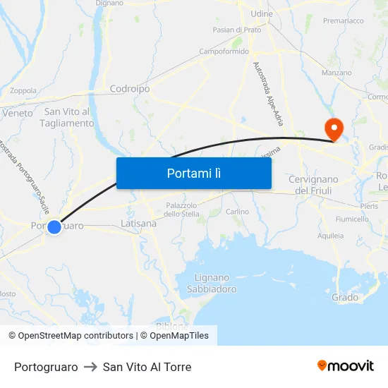 Portogruaro to San Vito Al Torre map