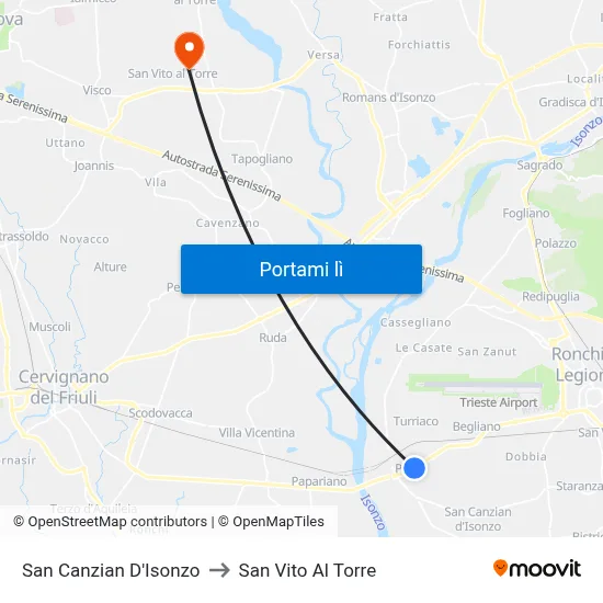 San Canzian D'Isonzo to San Vito Al Torre map