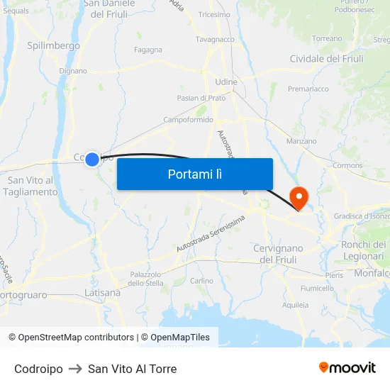 Codroipo to San Vito Al Torre map