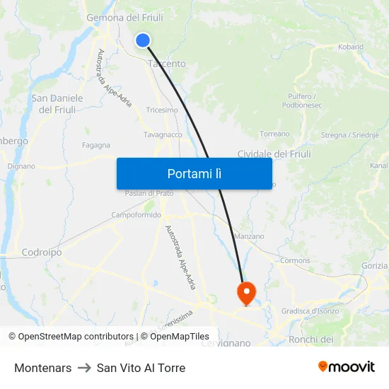 Montenars to San Vito Al Torre map