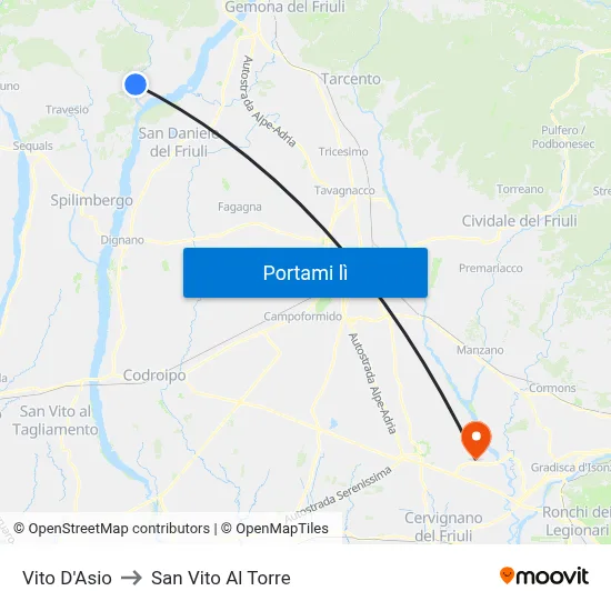 Vito D'Asio to San Vito Al Torre map