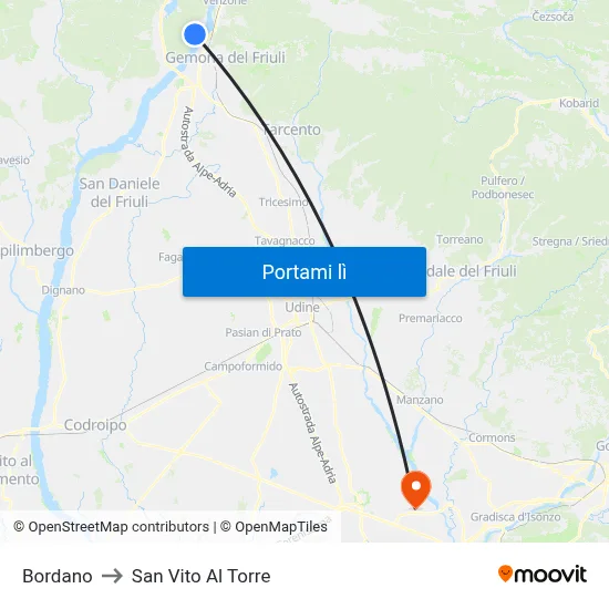 Bordano to San Vito Al Torre map