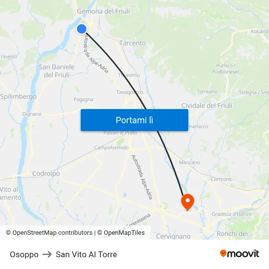 Osoppo to San Vito Al Torre map
