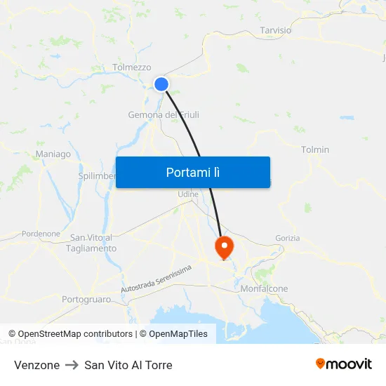 Venzone to San Vito Al Torre map