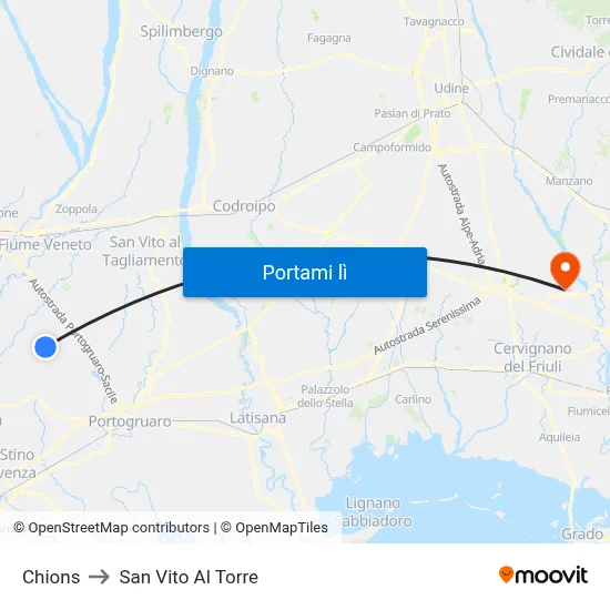 Chions to San Vito Al Torre map