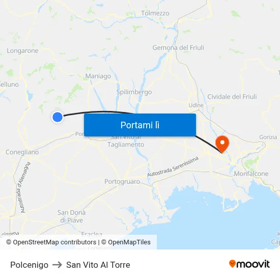 Polcenigo to San Vito Al Torre map