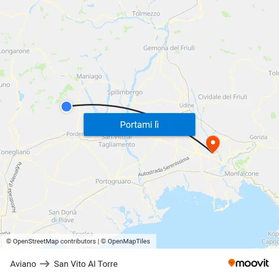 Aviano to San Vito Al Torre map