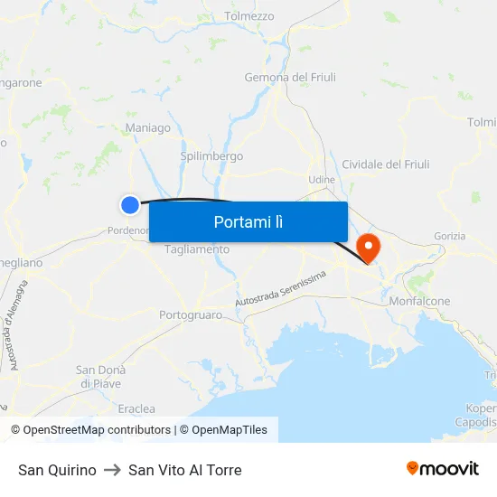 San Quirino to San Vito Al Torre map