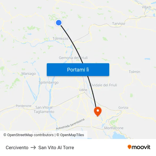 Cercivento to San Vito Al Torre map